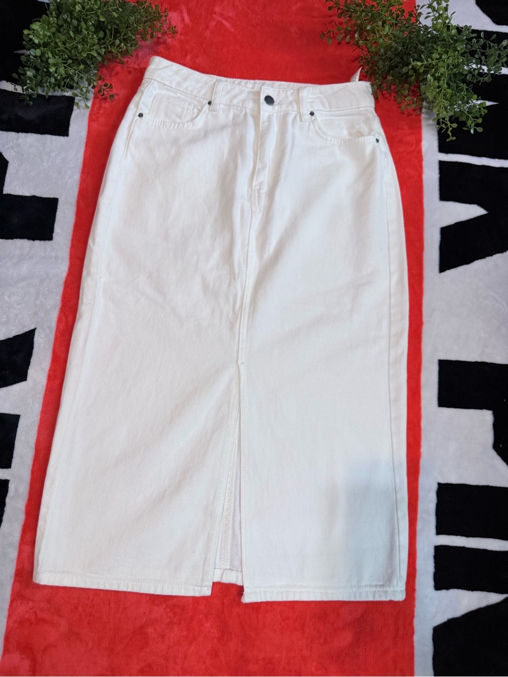 Women’s White Denim Midi Skirt with Front Slit
